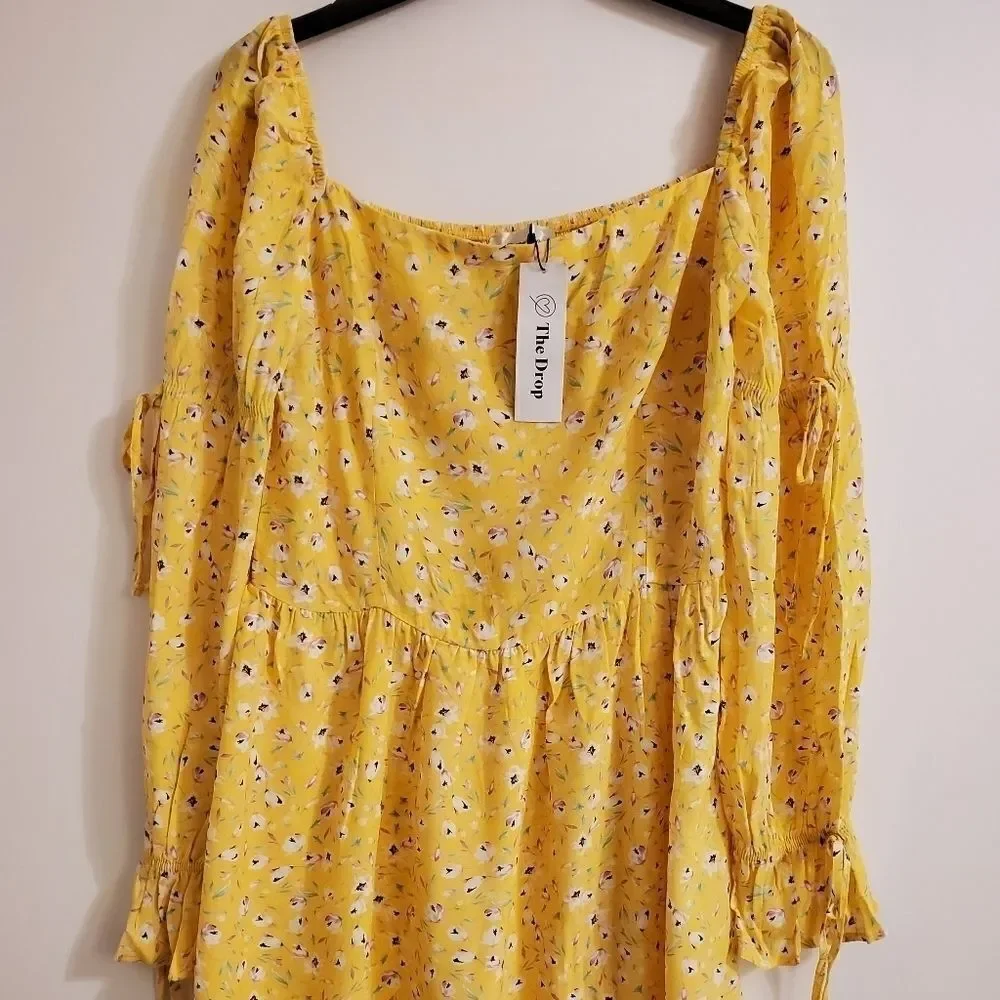 THE DROP - M Women's Yellow ruched back mini floral dress